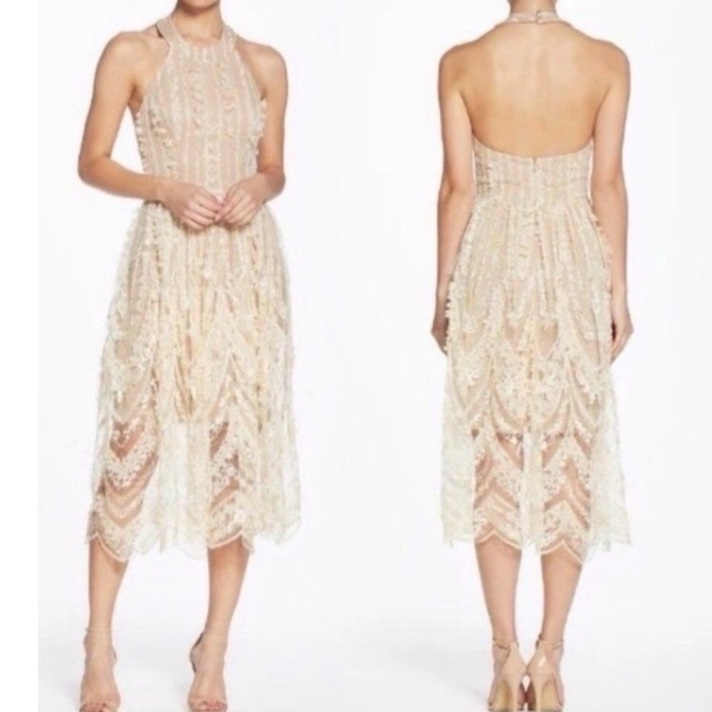 Dress The Population Valerie Halter Dress 3D Floral Appliqué Beige Nude Medium